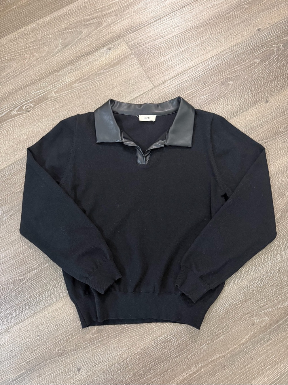 Black Knit Sweater with Faux Leather Collar - Unbranded